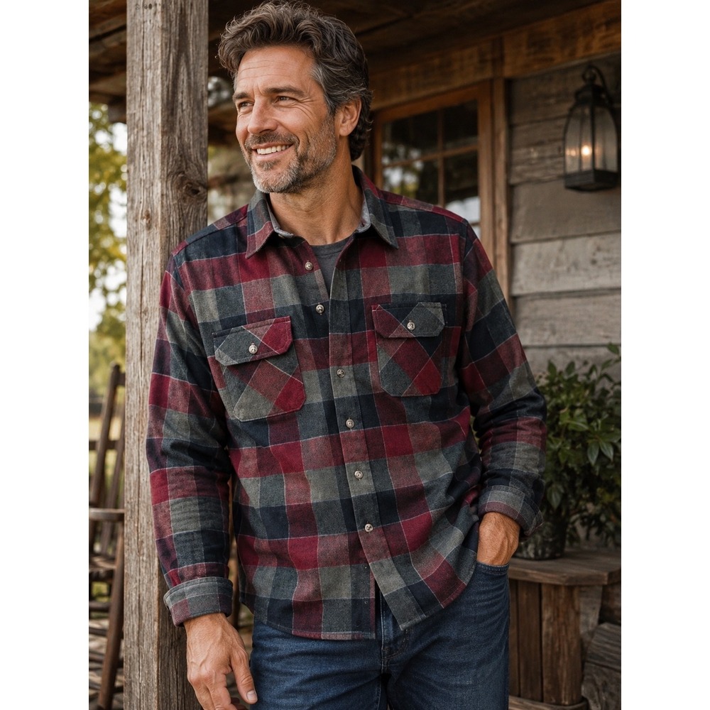 Northwest Territory Mens Plaid Flannel Shirt Burgundy Gray Button Down Medium